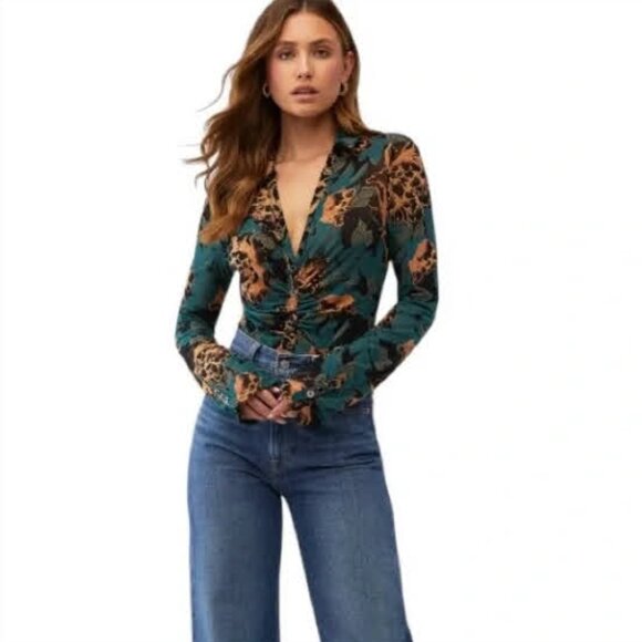 Free People Tops - Free People Lucky Shirtee Black Bloom Green Floral Mesh Top Size S